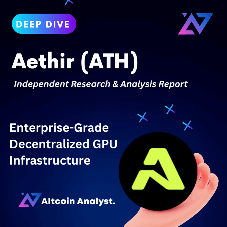 Feature image for the independent research report on Aethir (ATH), a decentralized GPU infrastructure project supporting AI and gaming through a global DePIN network.
