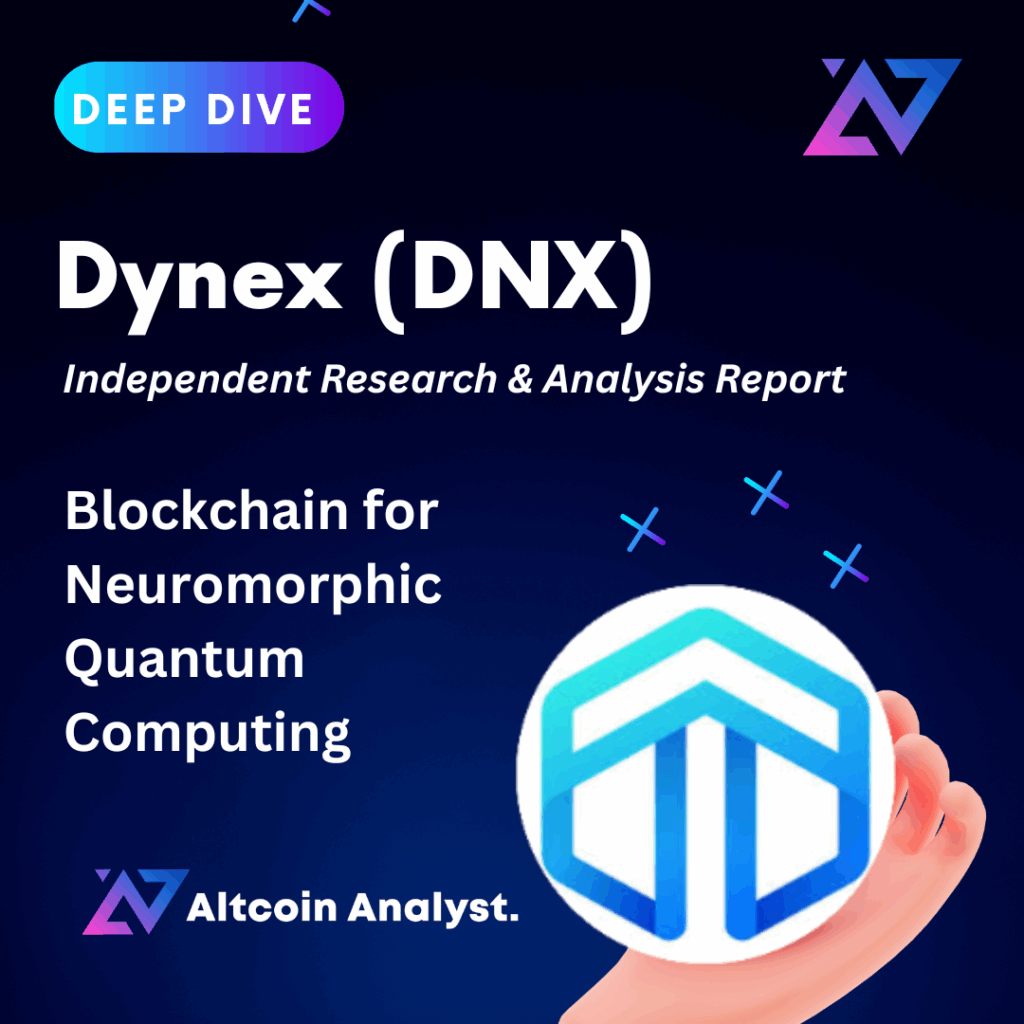 Feature image for independent research report on Dynex (DNX), a decentralized neuromorphic computing blockchain platform leveraging Proof-of-Useful-Work and quantum-inspired technology.