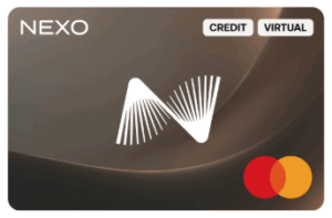 Nexo virtual Mastercard with a brown gradient background, featuring the white stylized ‘N’ logo and ‘CREDIT’ and ‘VIRTUAL’ labels.