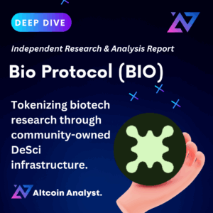 Deep dive report cover image for Bio Protocol (BIO) by Altcoin Analyst, stating “Tokenizing biotech research through community-owned DeSci infrastructure” with Bio Protocol logo on a hand.